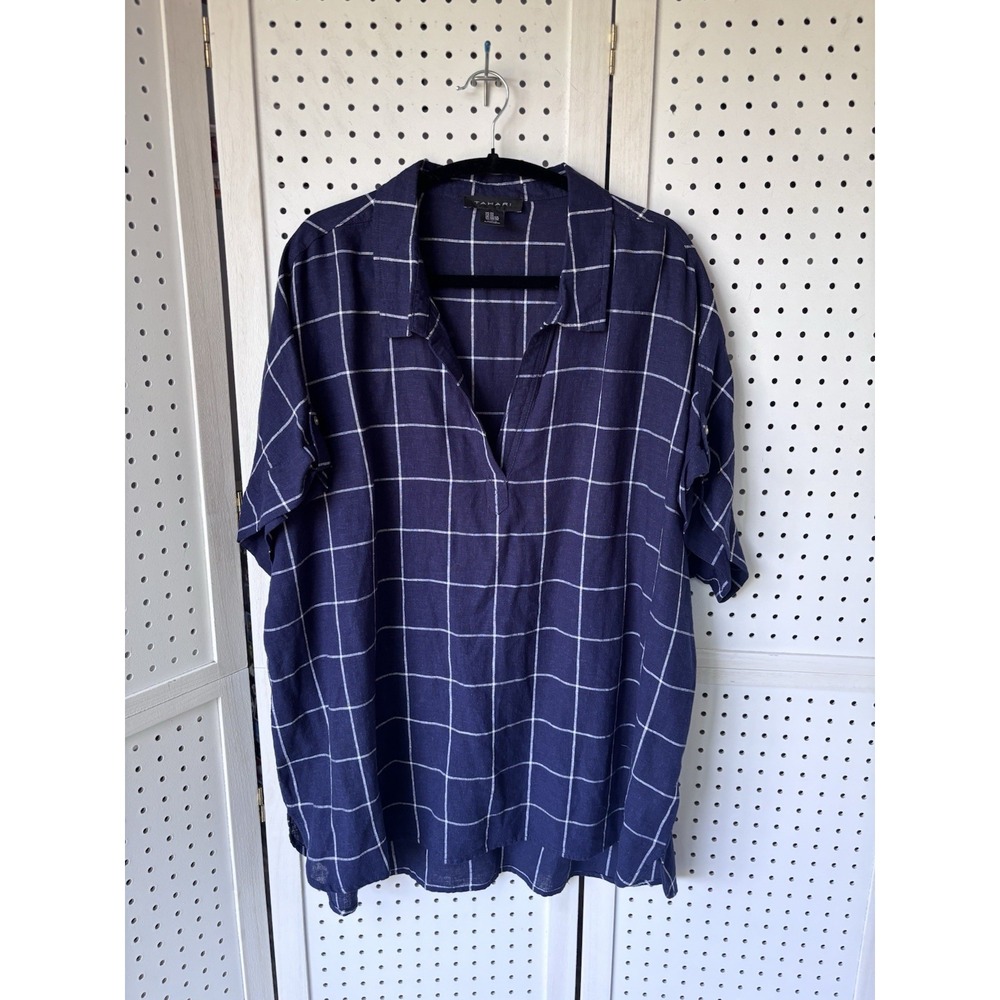 Tahari Short SLV V Neck Popover Checkered Tee Blouse‎ Linen Rayon Womens 2X Navy